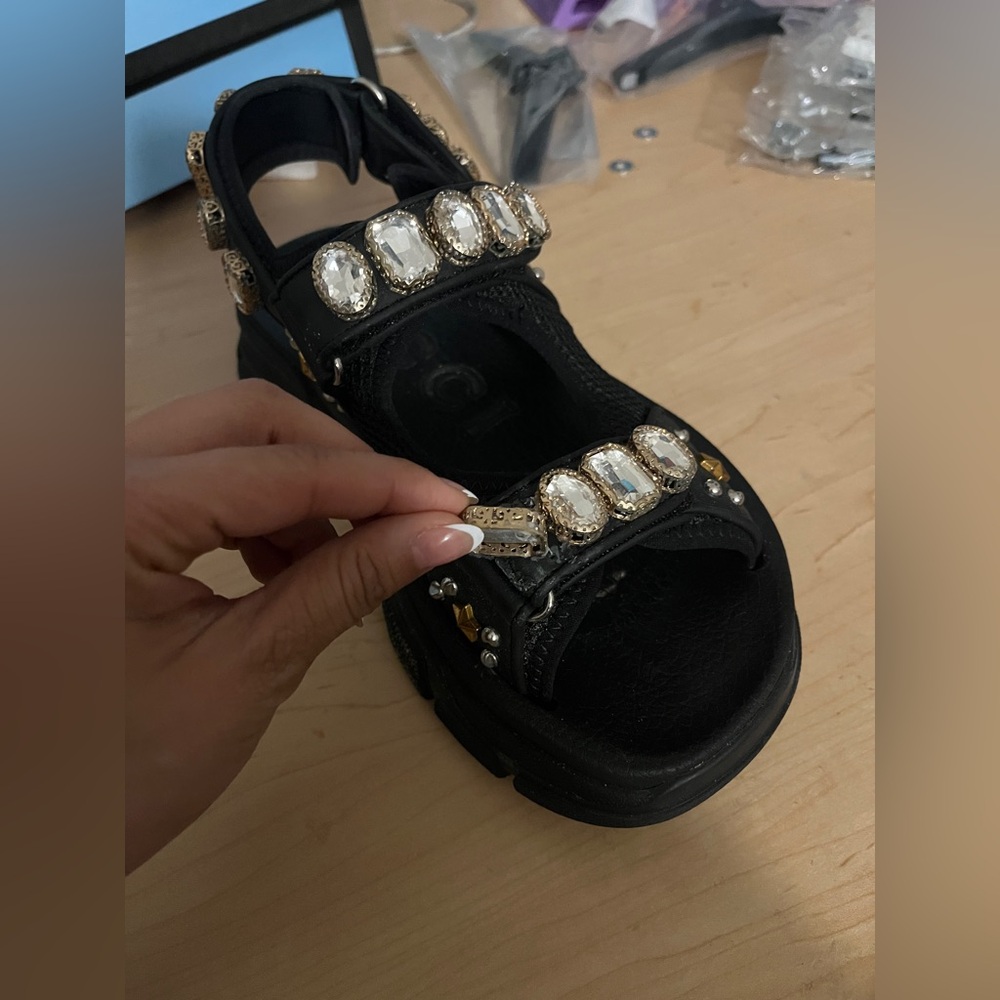 Gucci Women's Crystal Open Track Velcro Sandals Black For Women GG  unisex